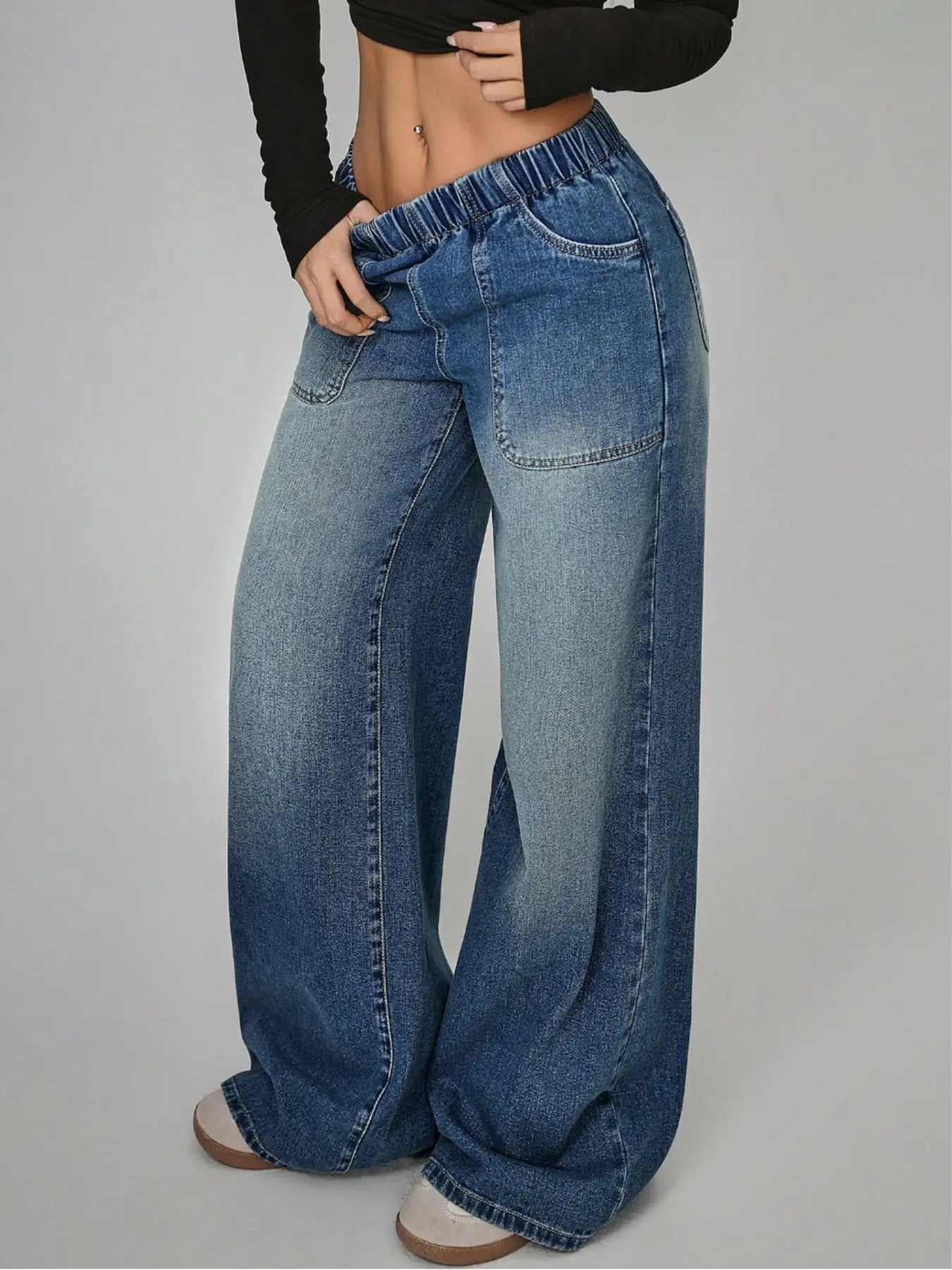 Women'S Elastic Waist Wide Leg Denim Jeans, Perfect Fit for All Body Types, Large Pockets for Practicality and Street Style, Ideal for Daily Streetwear