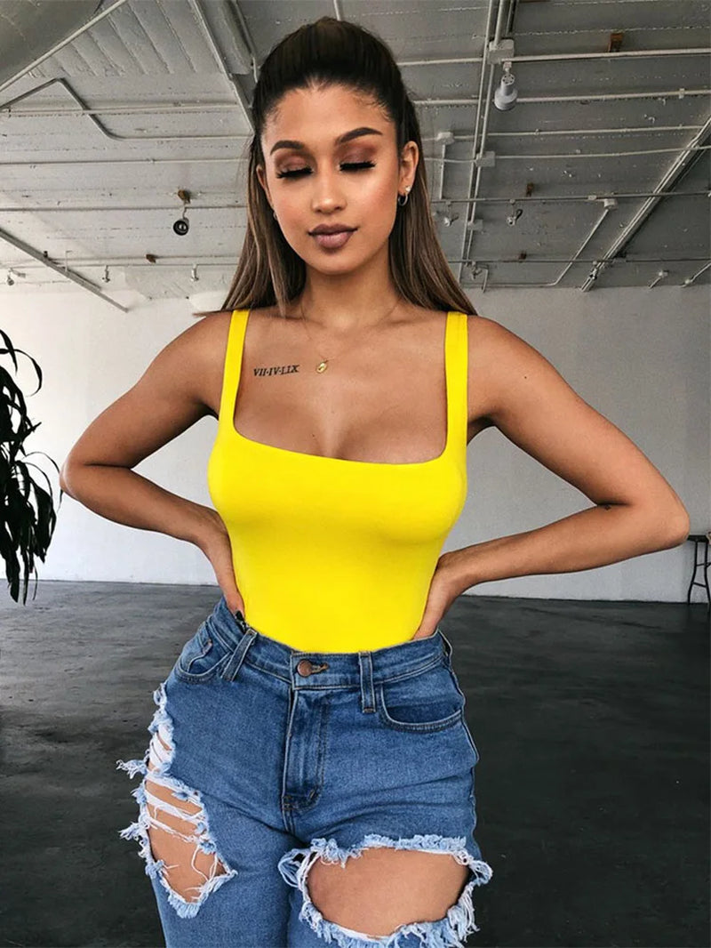 Black Minimalist Highstreet Solid Slim Fitted Halter round Neck Skinny Summer Bodysuit Women Sexy Streetwear Bodysuits