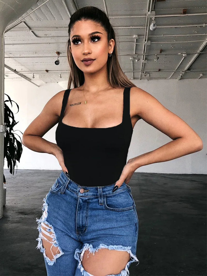 Black Minimalist Highstreet Solid Slim Fitted Halter round Neck Skinny Summer Bodysuit Women Sexy Streetwear Bodysuits