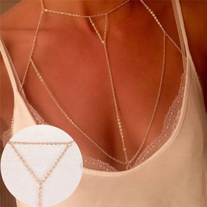 Gold Silver Fashion Link Chain Bra Multilayer Sexy Beach Bikini Harness V Necklaces Women Body Chain Jewelry Gift