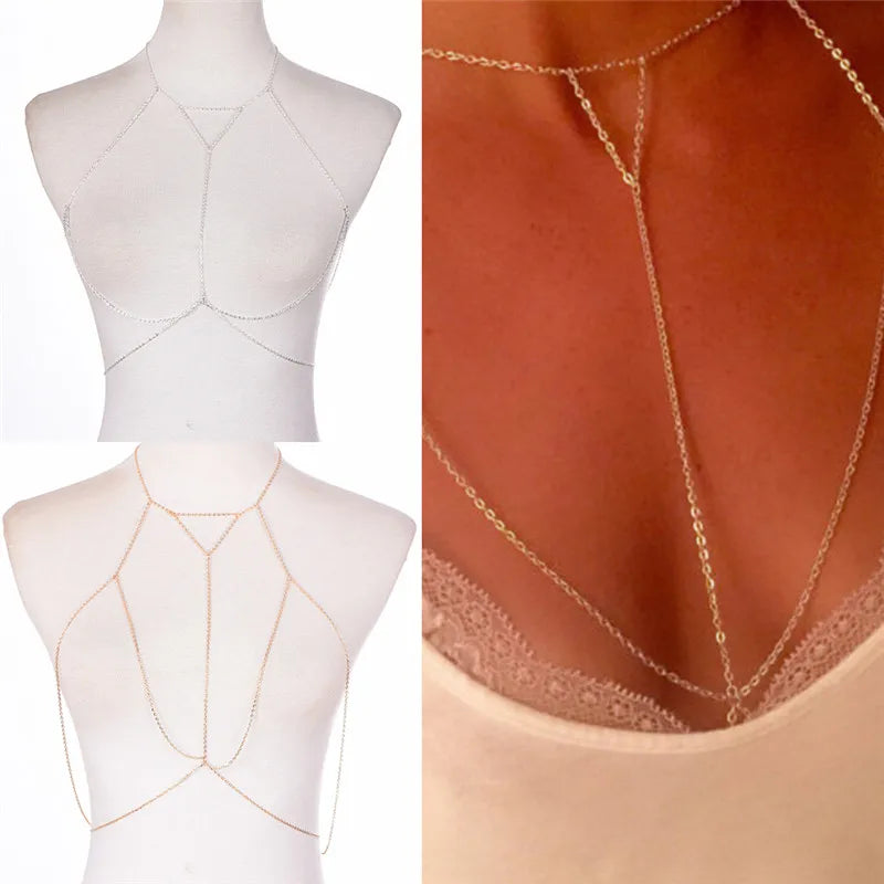 Gold Silver Fashion Link Chain Bra Multilayer Sexy Beach Bikini Harness V Necklaces Women Body Chain Jewelry Gift