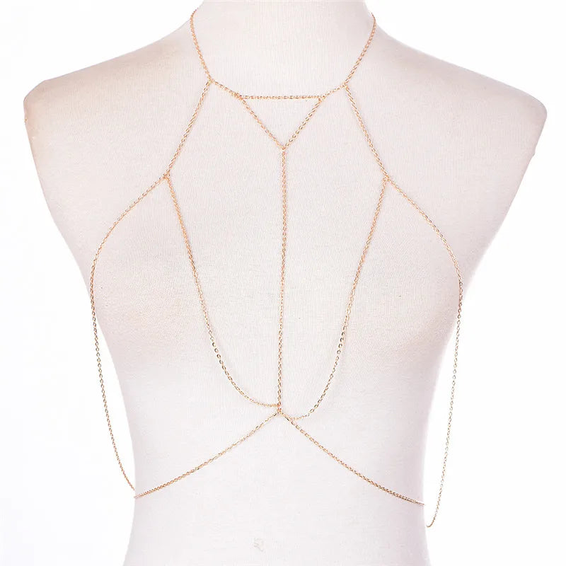 Gold Silver Fashion Link Chain Bra Multilayer Sexy Beach Bikini Harness V Necklaces Women Body Chain Jewelry Gift