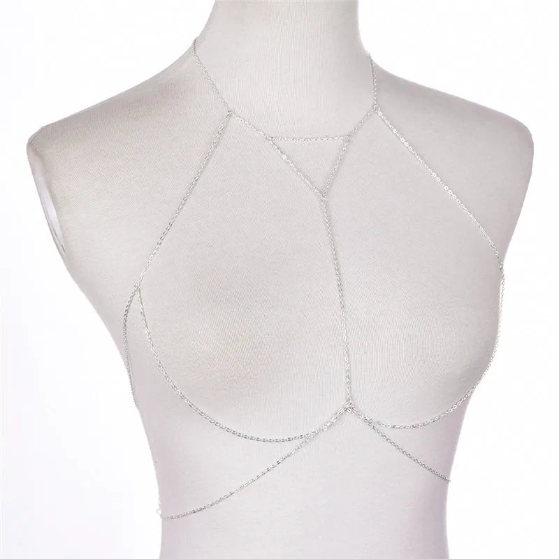 Gold Silver Fashion Link Chain Bra Multilayer Sexy Beach Bikini Harness V Necklaces Women Body Chain Jewelry Gift