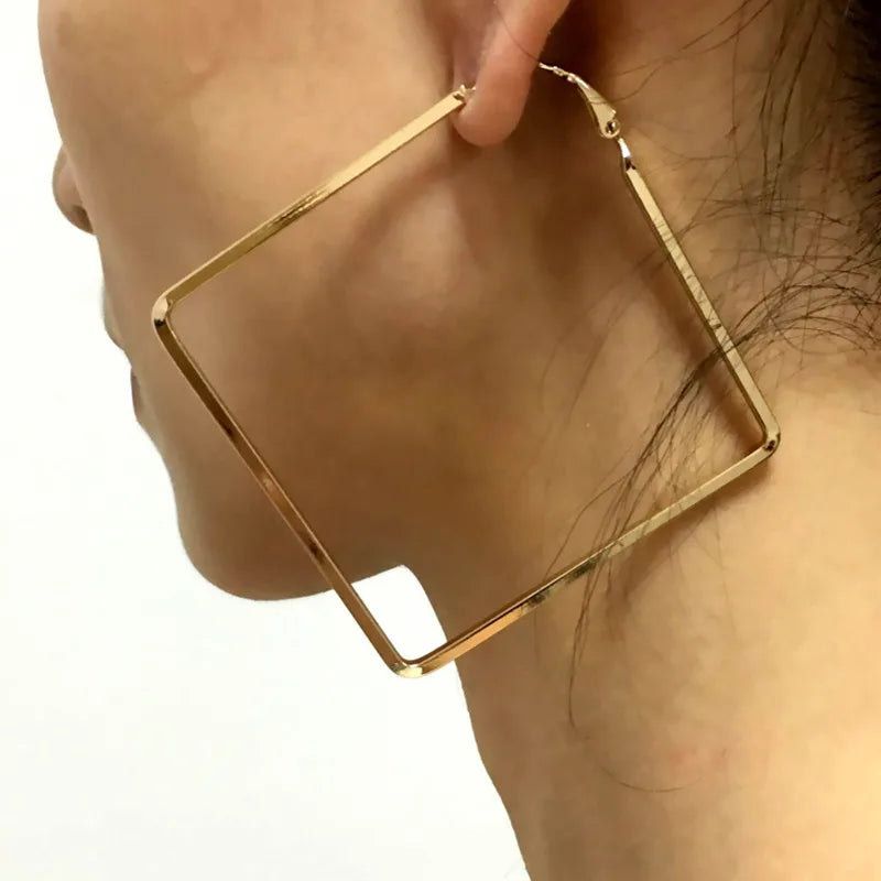 Exaggerated Big Hoop Earrings for Women Gold Color Hollow Square Geometric Statement Personality Hanging Earrings Cool Stuff