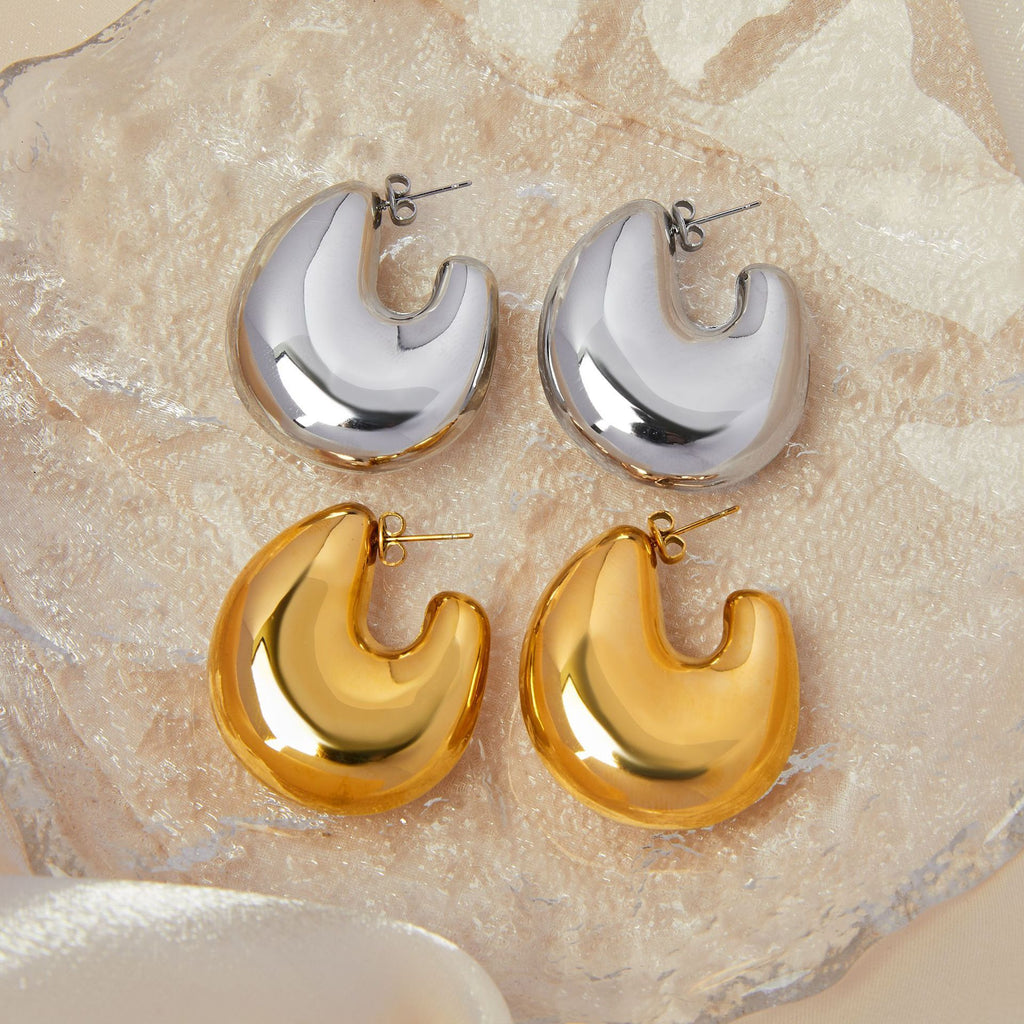 European and American fashion gold geometric C- shaped earrings titanium steel plated 18K gold simple design hollow bright three-dimensional earrings    uGlam