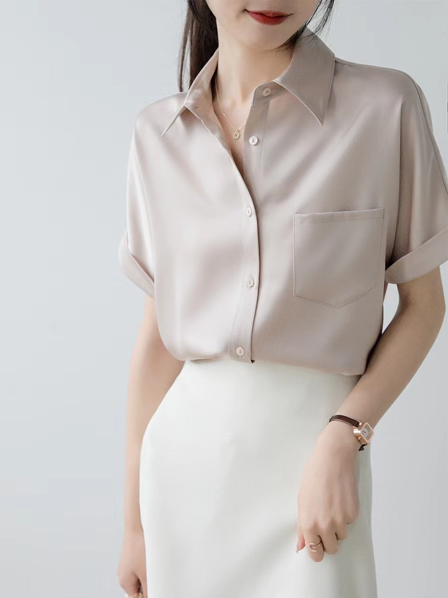 2026 Summer New Style Casual Satin Short-Sleeved Shirt Korean Style Professional White-Collar Work Interview Shirt in Stock