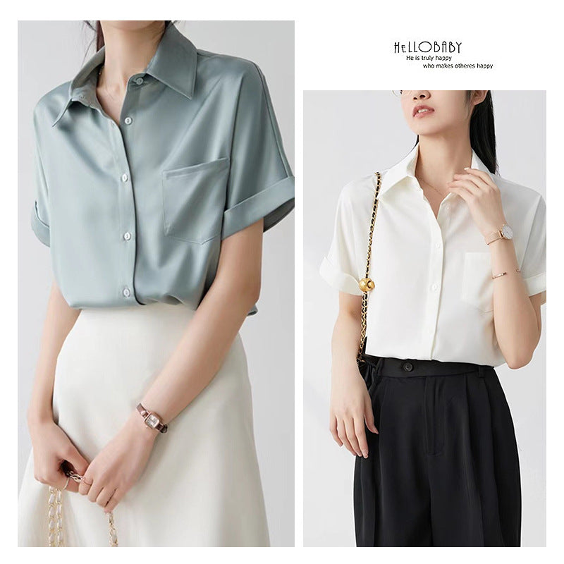 2026 Summer New Style Casual Satin Short-Sleeved Shirt Korean Style Professional White-Collar Work Interview Shirt in Stock