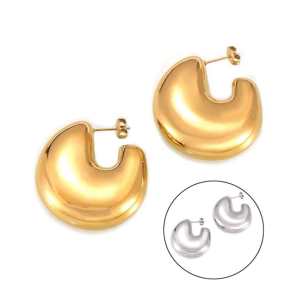 European and American fashion gold geometric C- shaped earrings titanium steel plated 18K gold simple design hollow bright three-dimensional earrings    uGlam