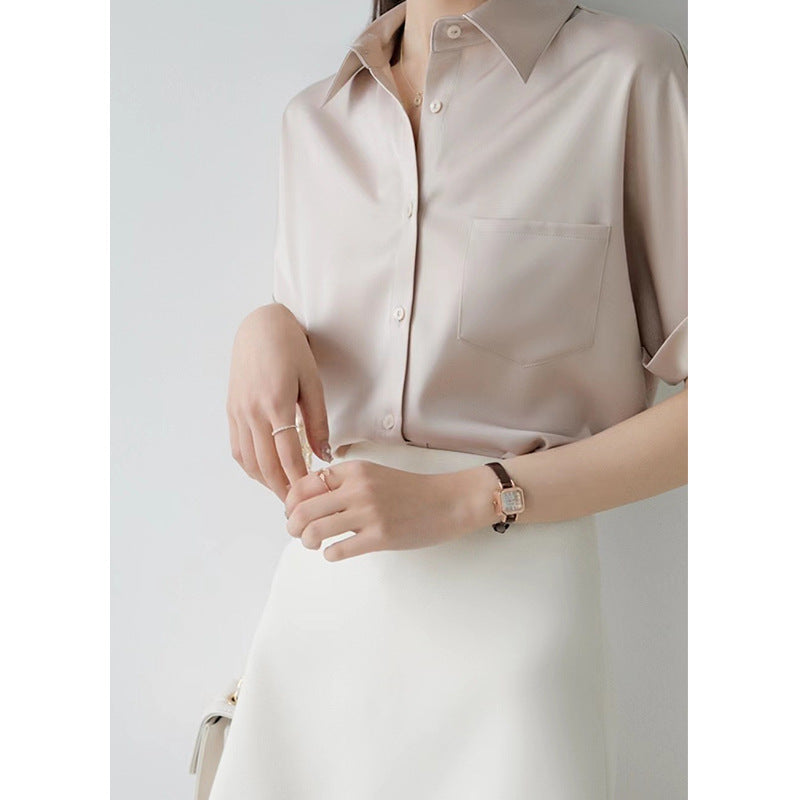 2026 Summer New Style Casual Satin Short-Sleeved Shirt Korean Style Professional White-Collar Work Interview Shirt in Stock