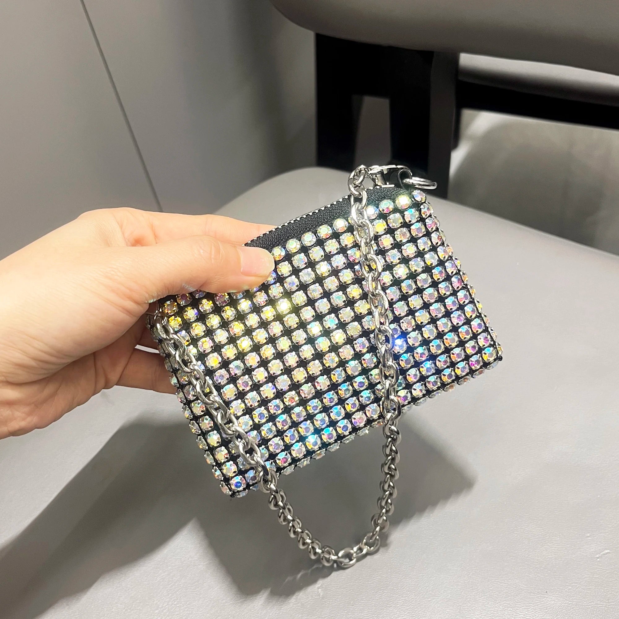 Mini Small Bag Shiny Rhinestone Coin Purse Short Chain Coin Bag Handle Small Card Bag Handle Woman's  purse Design handmade