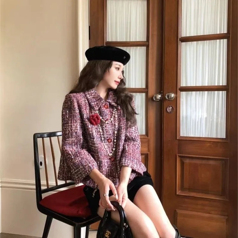 Cherry wine color exquisite extravagance thousand gold feeling small fragrant wind tweed small cloak jacket