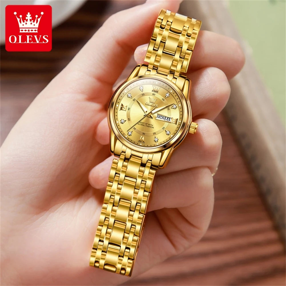 OLEVS 5513 Fashion Ladies' Watches Elegant Stainless Steel Waterproof Quartz Watch for Women Weekly Calendar Luminous Wristwatch