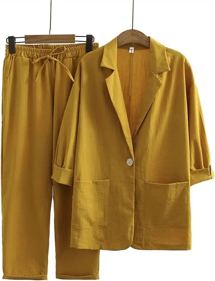 Completo Due Pezzi in Lino Donna – Kimono Blusa e Pantaloni Casual Estivo