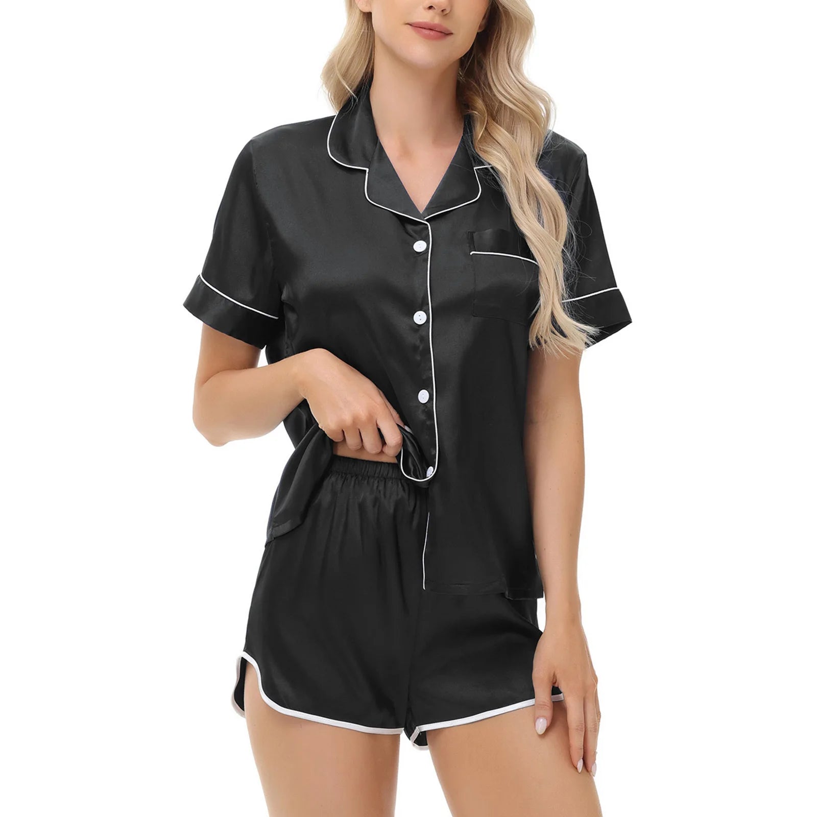 Women's Silk Satin Pajama Sets Two-piece Pj Sets Sleepwear Loungewear Button-Down Pajama Women 2PCS Pijama Homewear Shorts Set