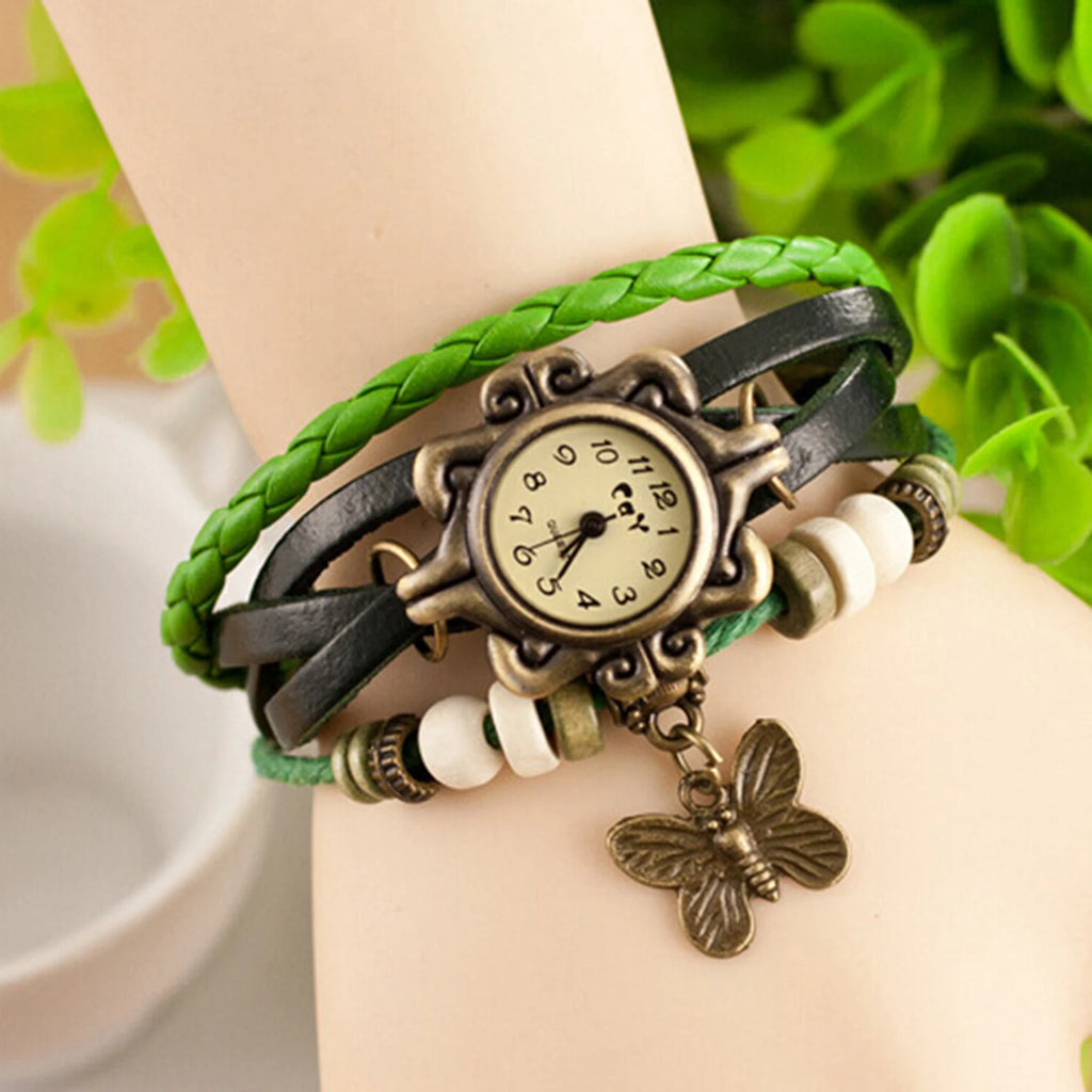 Orologio Donna Vintage Bracciale con Farfalla — Cinturino in Pelle | Quarzo