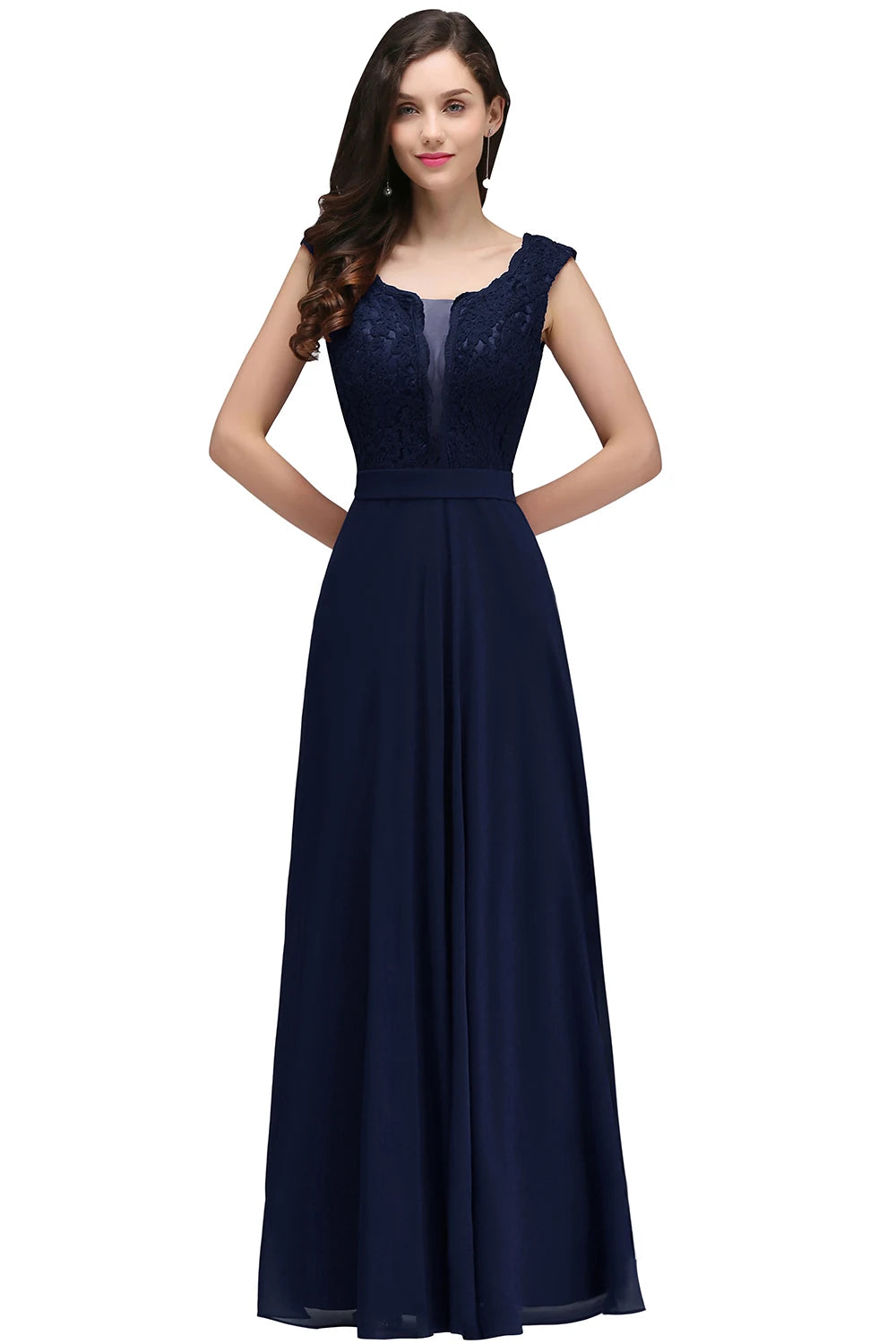 Abito da Sera Lungo Linea A in Pizzo e Chiffon – Collo Tondo, Senza Maniche, Formale