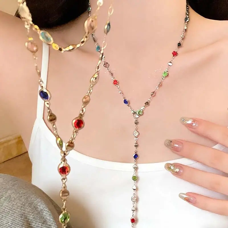 Layered Necklace Flower Pendant Gold Plated Colorful Crystal Chain Choker Y2K Aesthetic Jewelry For Women Gift