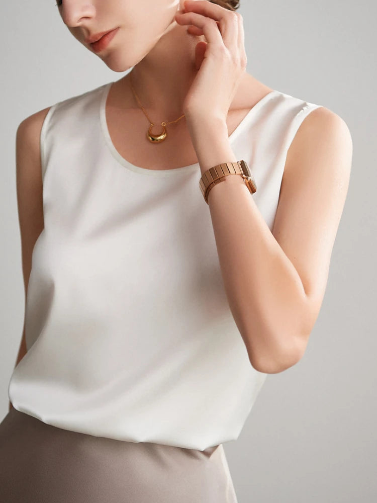 Summer Satin Mulberry Silk Sleeveless Tank Top Champagne Casual Versatile Elegant Vest Loose Fit Women's Fashion 2026