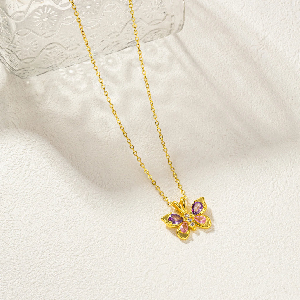 1 Piece Butterfly Pendant Necklace 18K Real Gold Plated Brass & Cubic Zirconia Link Cable Chain Necklaces For Women Choker Gift
