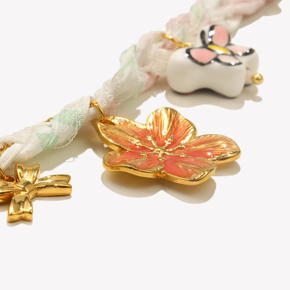 E.B.belle Cute Cartoon Butterfly Flower Pendant Necklace 18K Gold Plated Stainless Steel Women Holiday Neck Jewerly