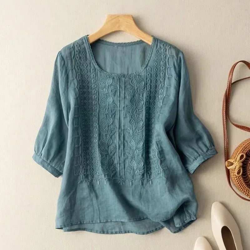 Blusa in Lino Donna – Ricamata Collo Tondo Maniche Corte Casual Estiva