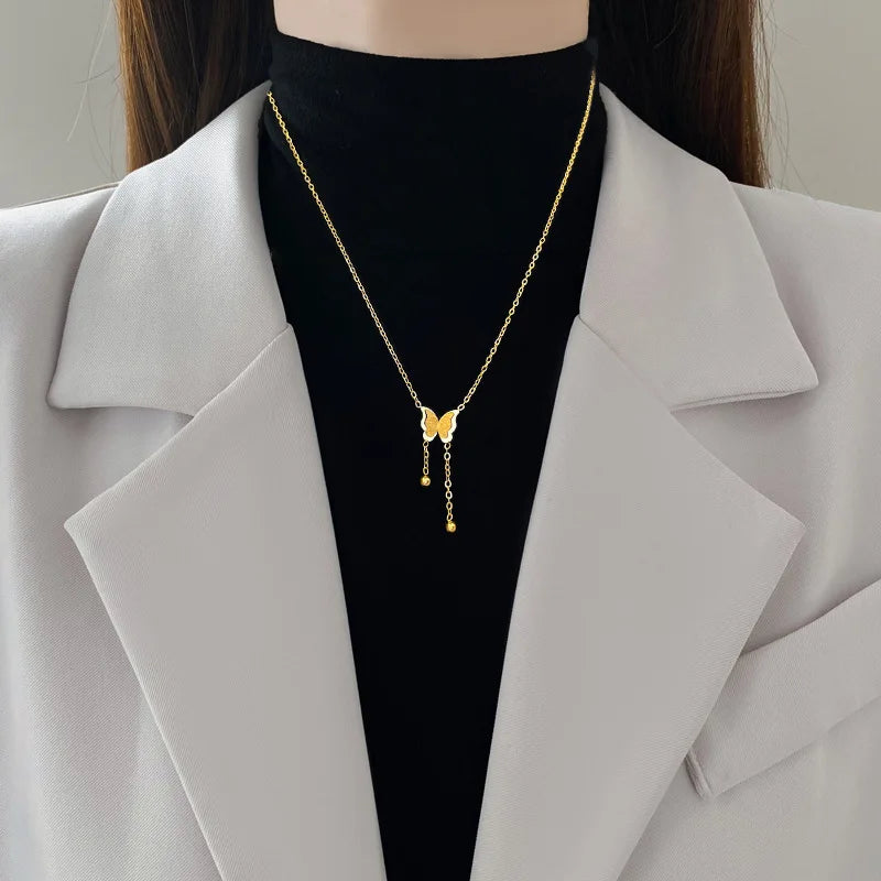 Charm Classic Butterfly Tassel Pendant Necklace for Women Personality Fashion Gold Color Stainless Steel Bride Chokers Jewelry