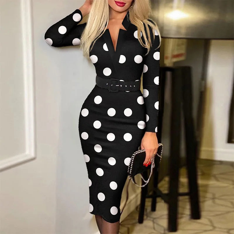 Abito Bodycon Donna – Stampa a Pois Manica Lunga Vita Alta con Cintura Elegante