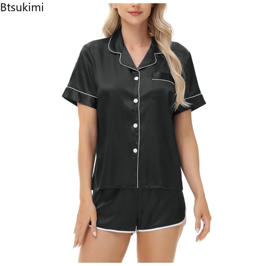 Women's Silk Satin Pajama Sets Two-piece Pj Sets Sleepwear Loungewear Button-Down Pajama Women 2PCS Pijama Homewear Shorts Set