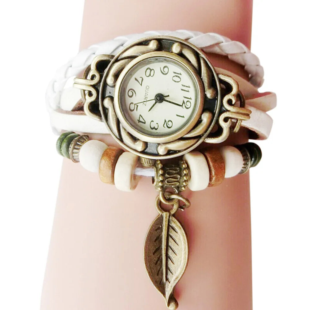 Women'S Elegant Vintage Leather Wrapped Bracelet Watch Leaf Pendant Bracelet Watch Women'S Fashion Watch Reloj De Mujer