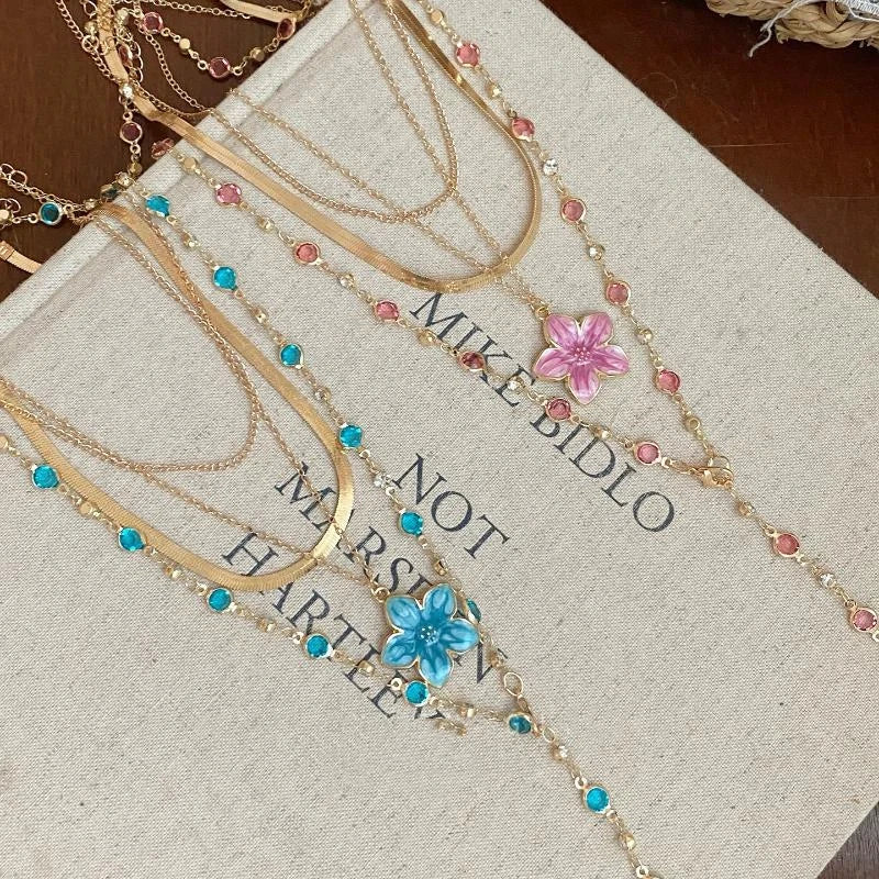 Layered Necklace Flower Pendant Gold Plated Colorful Crystal Chain Choker Y2K Aesthetic Jewelry For Women Gift