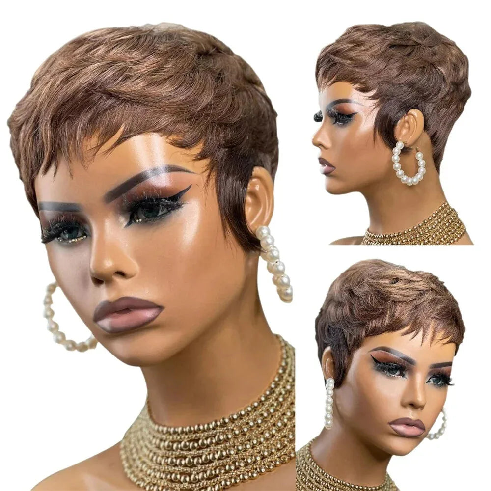 Short Brown Wig Human Hair #4  Chocolate Brown Human Hair Wigs for Women Boy Cut Cheap Duby Wig with Bangs Machine Made Wigs