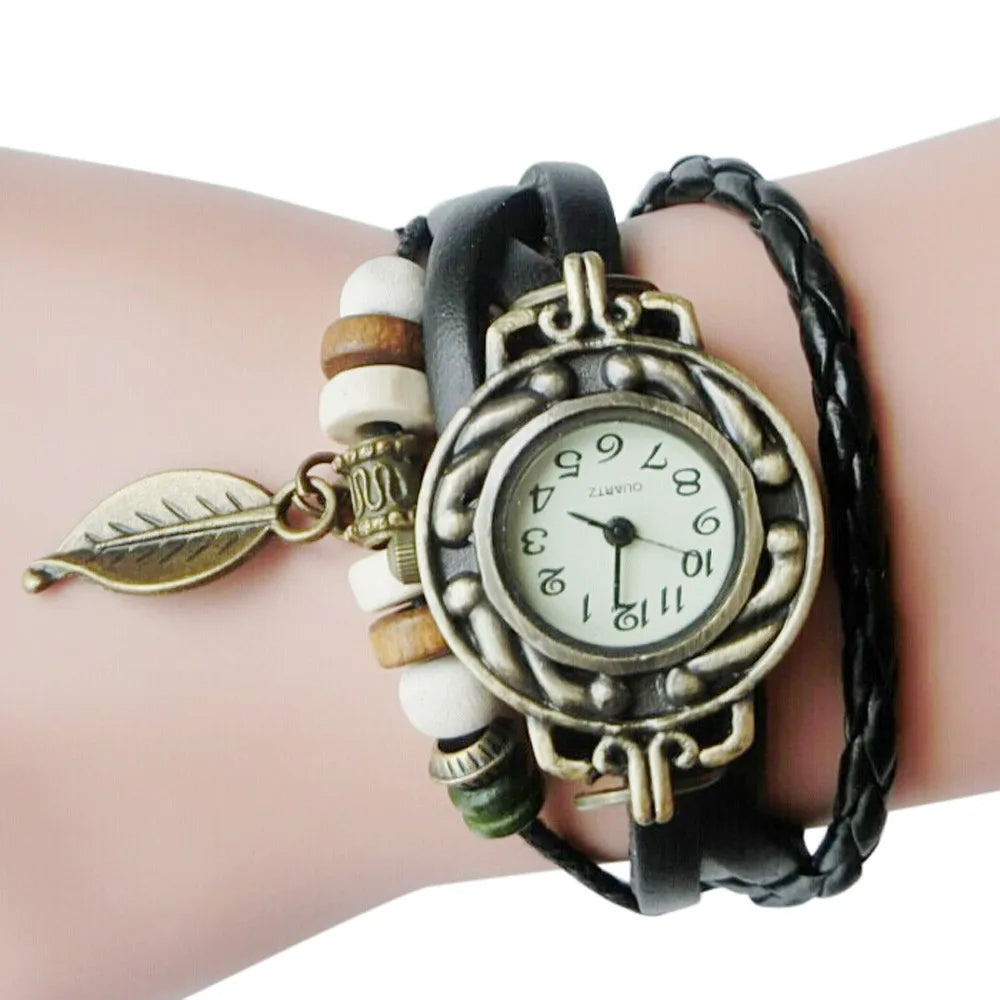Women'S Elegant Vintage Leather Wrapped Bracelet Watch Leaf Pendant Bracelet Watch Women'S Fashion Watch Reloj De Mujer