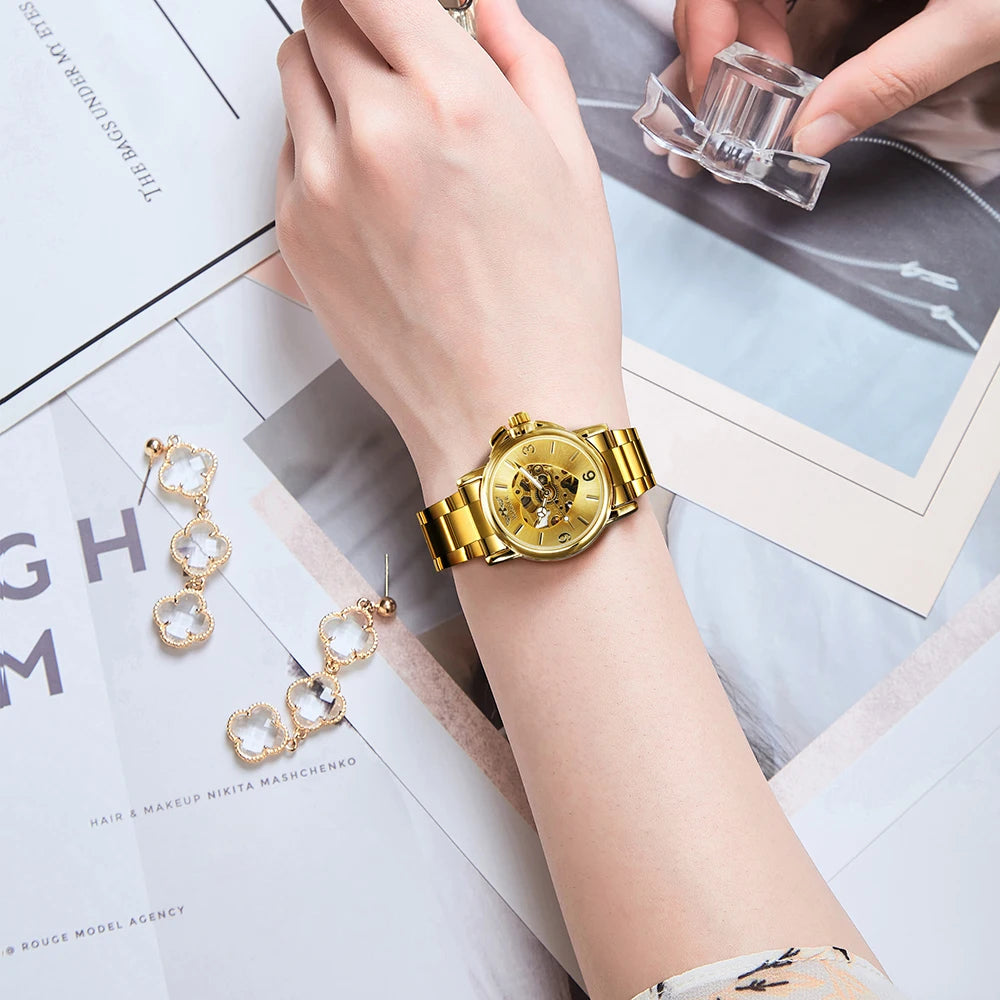 Orologio Donna Automatico Scheletrato Dorato — Cinturino in Acciaio | T-WINNER