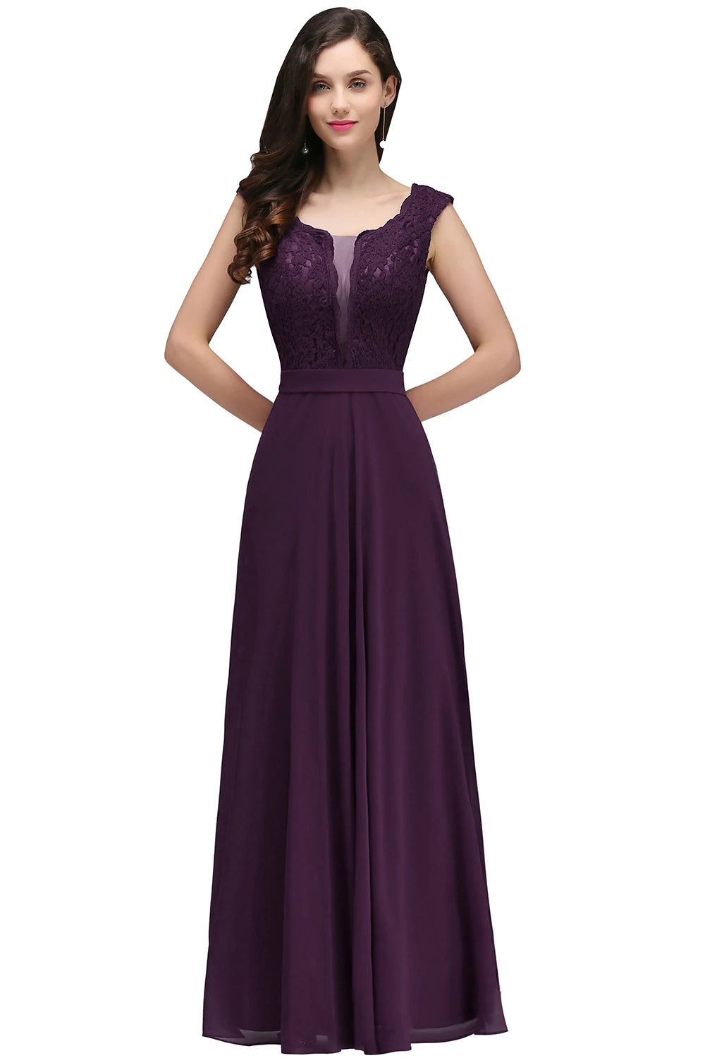Abito da Sera Lungo Linea A in Pizzo e Chiffon – Collo Tondo, Senza Maniche, Formale