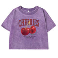 Red Cherries Letter Printed Female T-shirt Fashion Summer Washed Clothing Casual Cotton Crop Top Retro Tee Shirts For Women