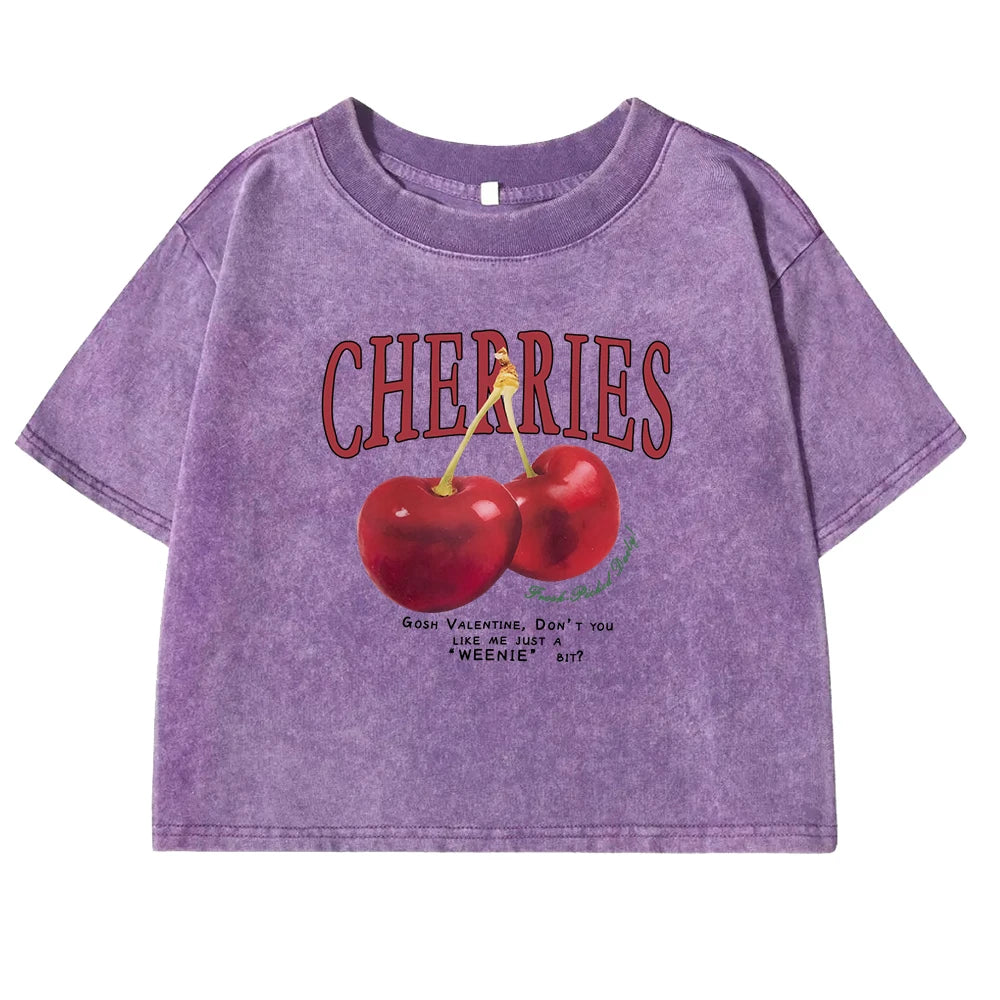 Red Cherries Letter Printed Female T-shirt Fashion Summer Washed Clothing Casual Cotton Crop Top Retro Tee Shirts For Women