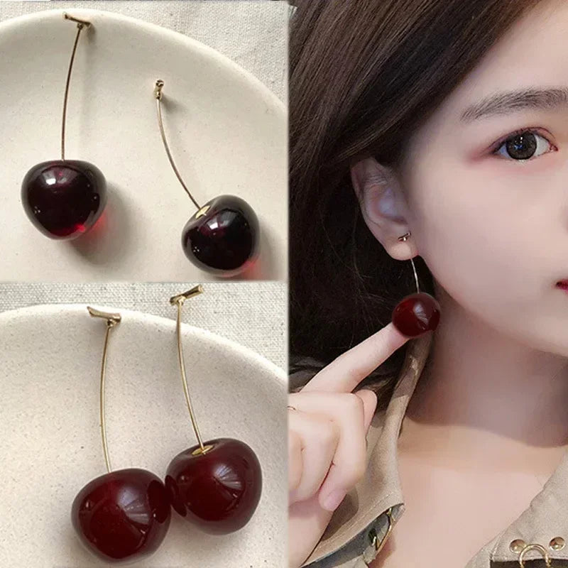 Sweet Red Cherry Earring for Women Trendy Korean Small Fresh Sweet Lovely Cherries Pendant Fruit Earrings Party Jewelry Gifts