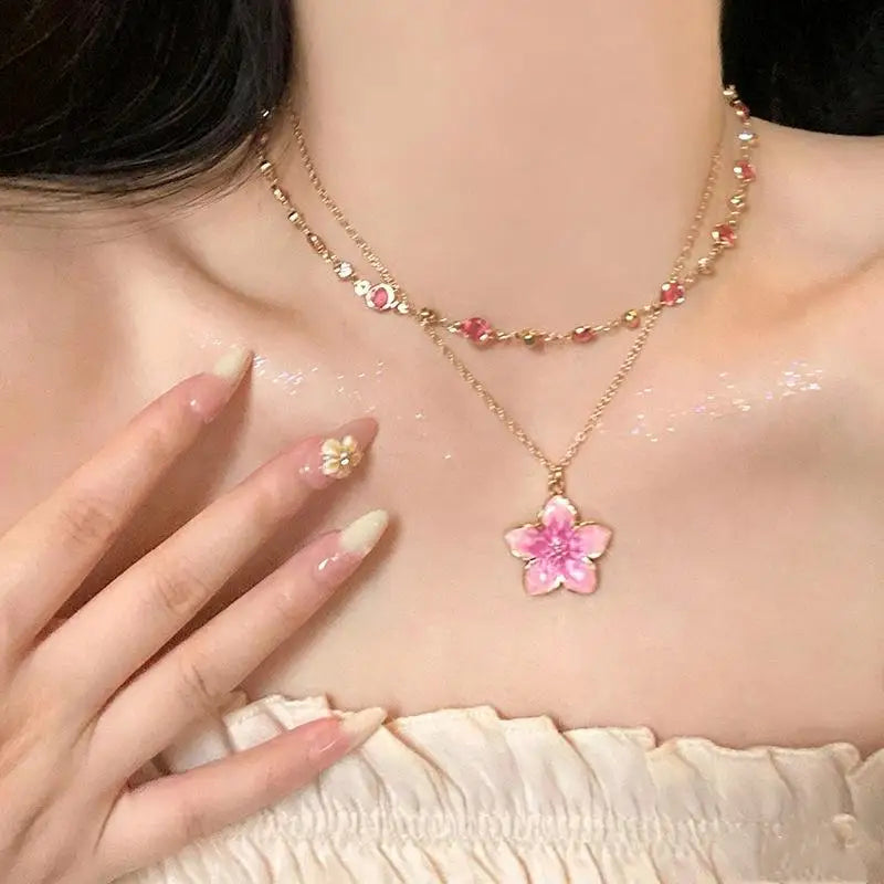 Layered Necklace Flower Pendant Gold Plated Colorful Crystal Chain Choker Y2K Aesthetic Jewelry For Women Gift