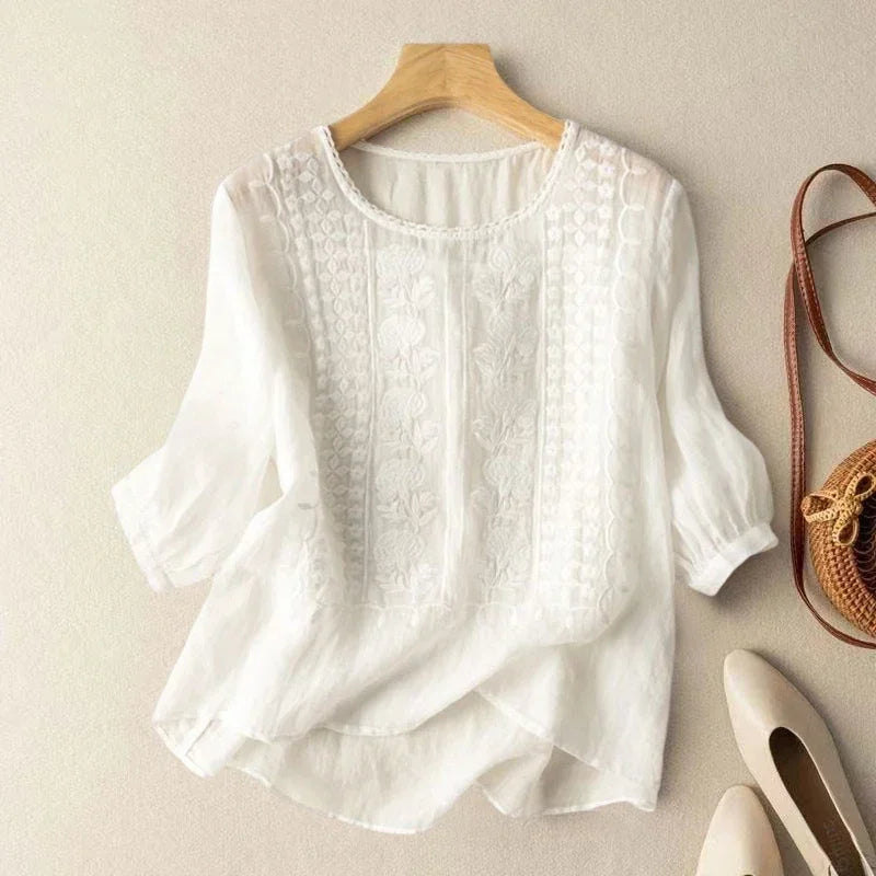 Summer Women's linen Blouse Retro O-neck Embroidered Half Sleeve  Loose Casual Ruched Cotton Linen Shirts Tops 2025 New