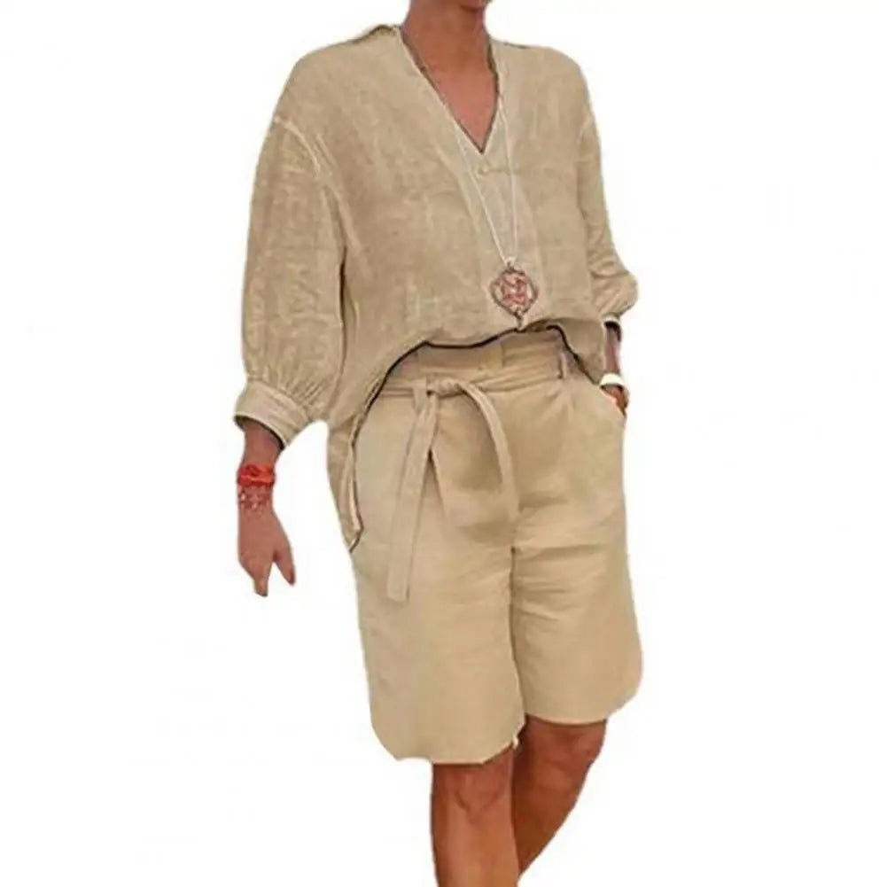 Set Due Pezzi Donna in Cotone Lino – Camicia Scollo V e Shorts Gamba Ampia con Cintura