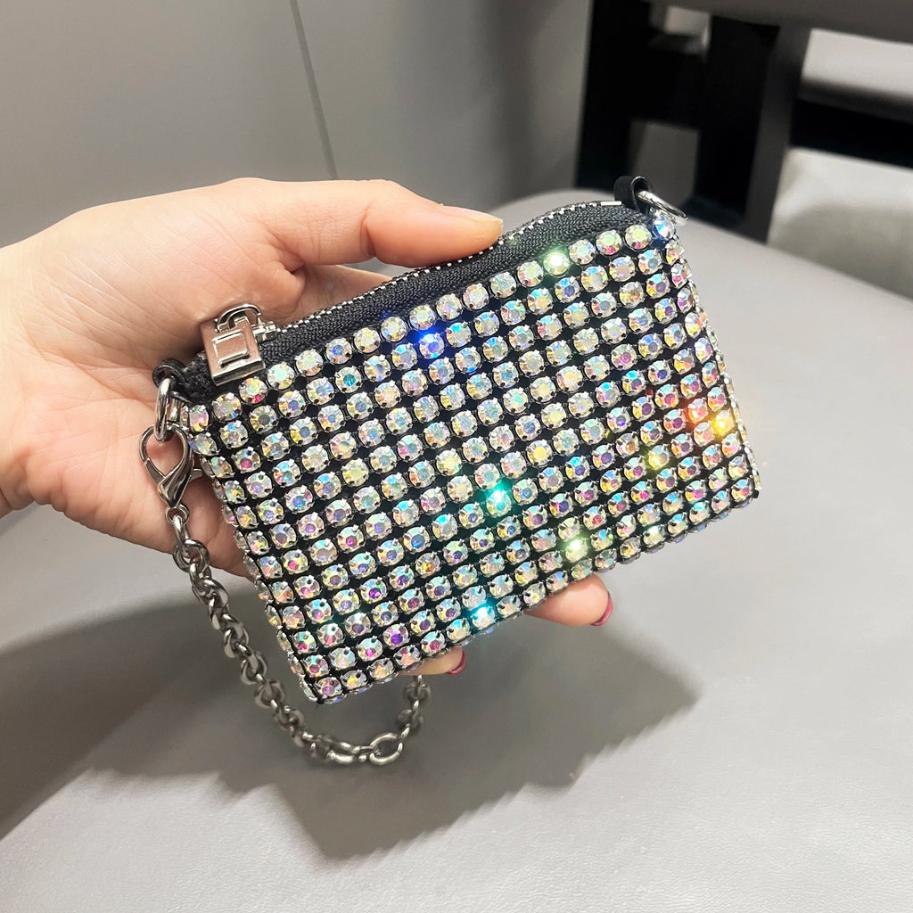 Mini Small Bag Shiny Rhinestone Coin Purse Short Chain Coin Bag Handle Small Card Bag Handle Woman's  purse Design handmade