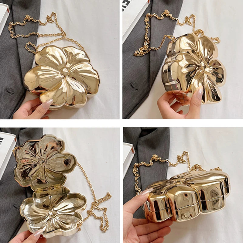 Fashionable Colorful Women's Shoulder Bag Metallic Clutch Bag Flower Shape Mini Women Evening Party Cute Shiny Purse Gold Silver