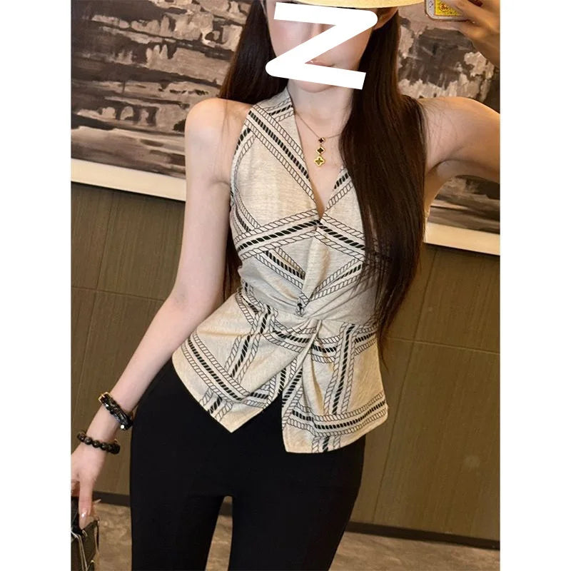 Linen Blazer for Women in Summer, with Elegant and Sophisticated Style, with A Twisted V-neck, Worn Over A Sleeveless Top.