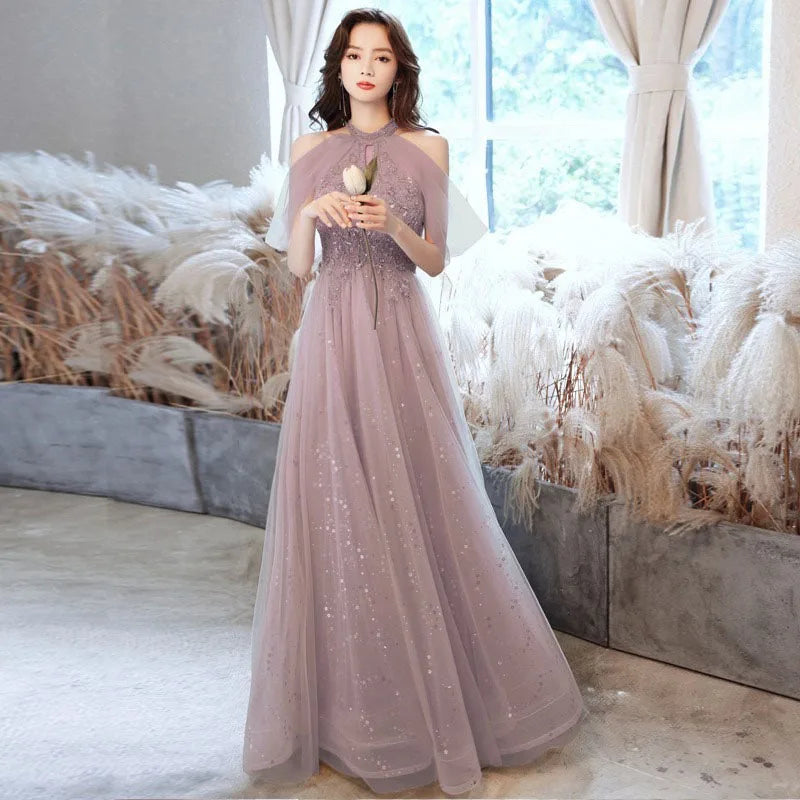 Abito da Sera Elegante con Spalle Scoperte | Champagne e Viola | Quinceañera e Cerimonia