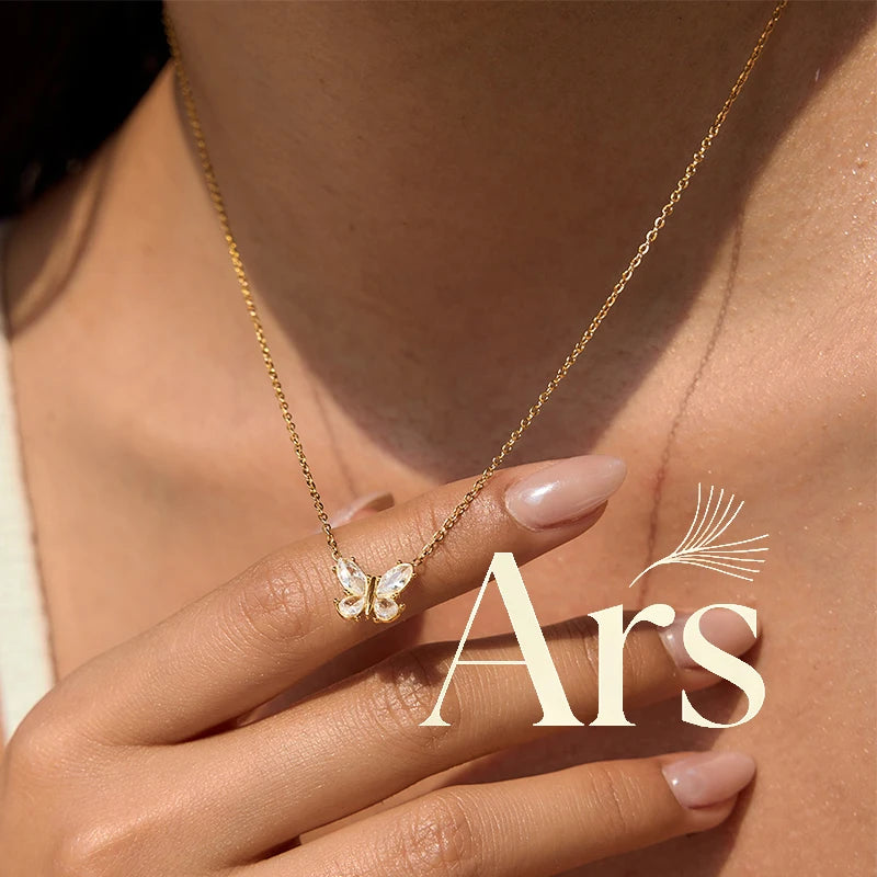 Ars 18k Gold Plated Butterfly Pendant Necklace with Zircon Stainless Steel Thin Chain Necklaces Women's Dainty Choker Necklaces
