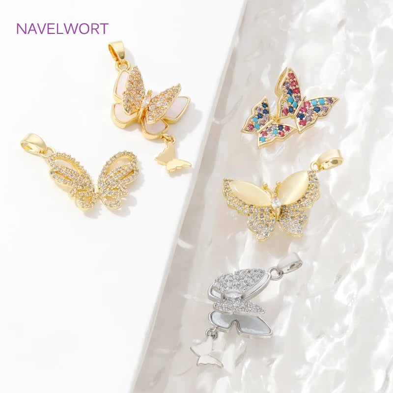 Trendy Inlaid Zircon Butterfly Pendants 18K Gold Plated Brass Butterfly Charms Pendants For DIY Necklace Making Accessories