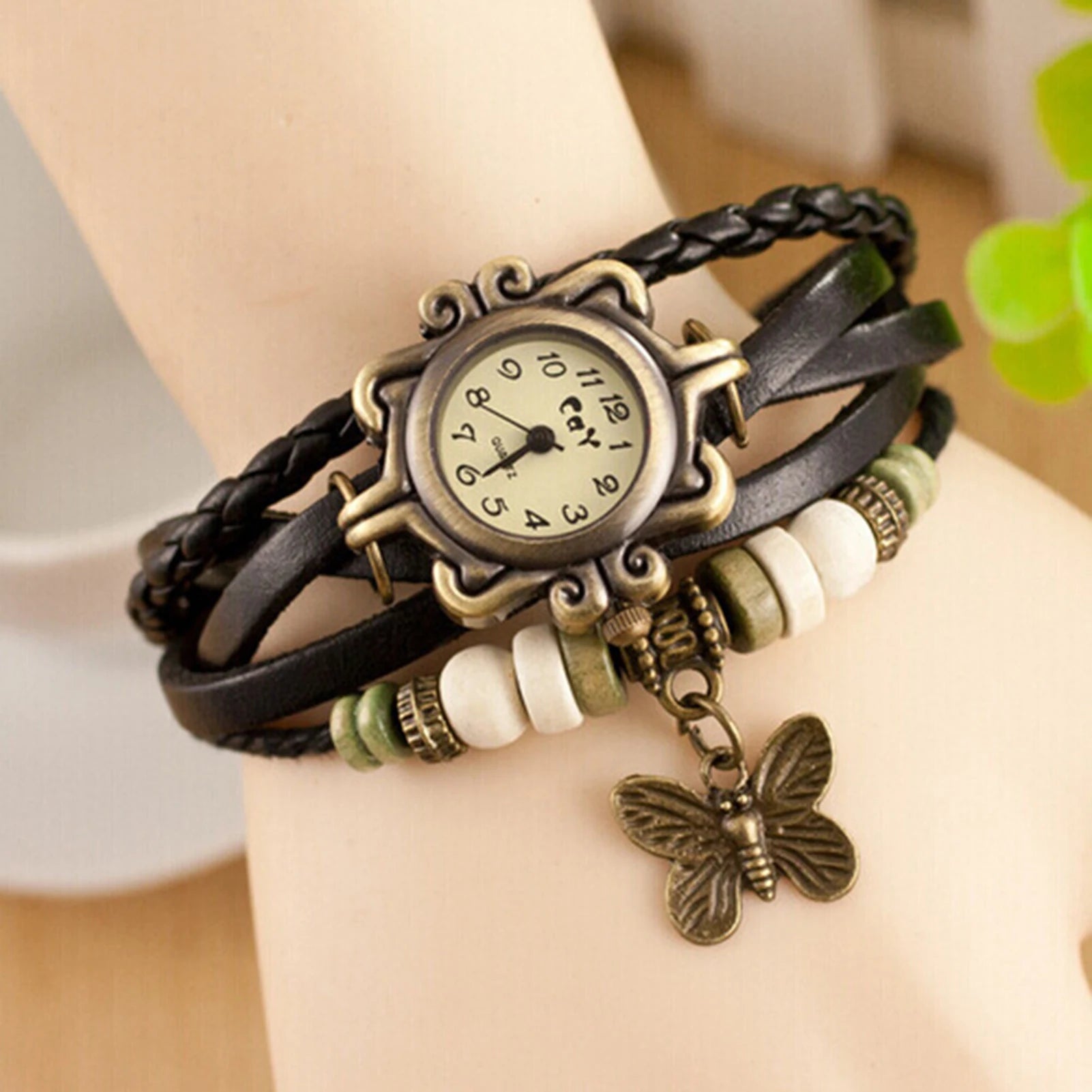Orologio Donna Vintage Bracciale con Farfalla — Cinturino in Pelle | Quarzo