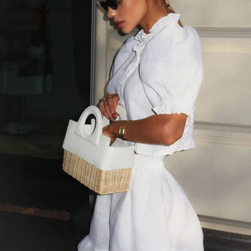 Women's Summer Linen 2 Piece Outfit Ruffle Puff Sleeve Crop Top + High Waist Elastic Waist Ruffle Shorts Set for Casual Vacation