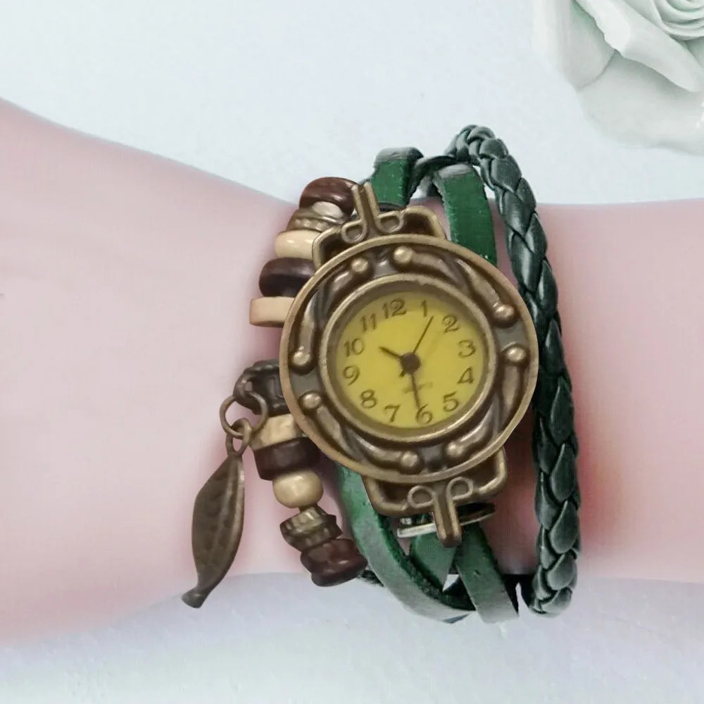 Orologio Bracciale Donna Vintage | Pelle Avvolta Ciondolo Foglia | 6 Colori | uGlam