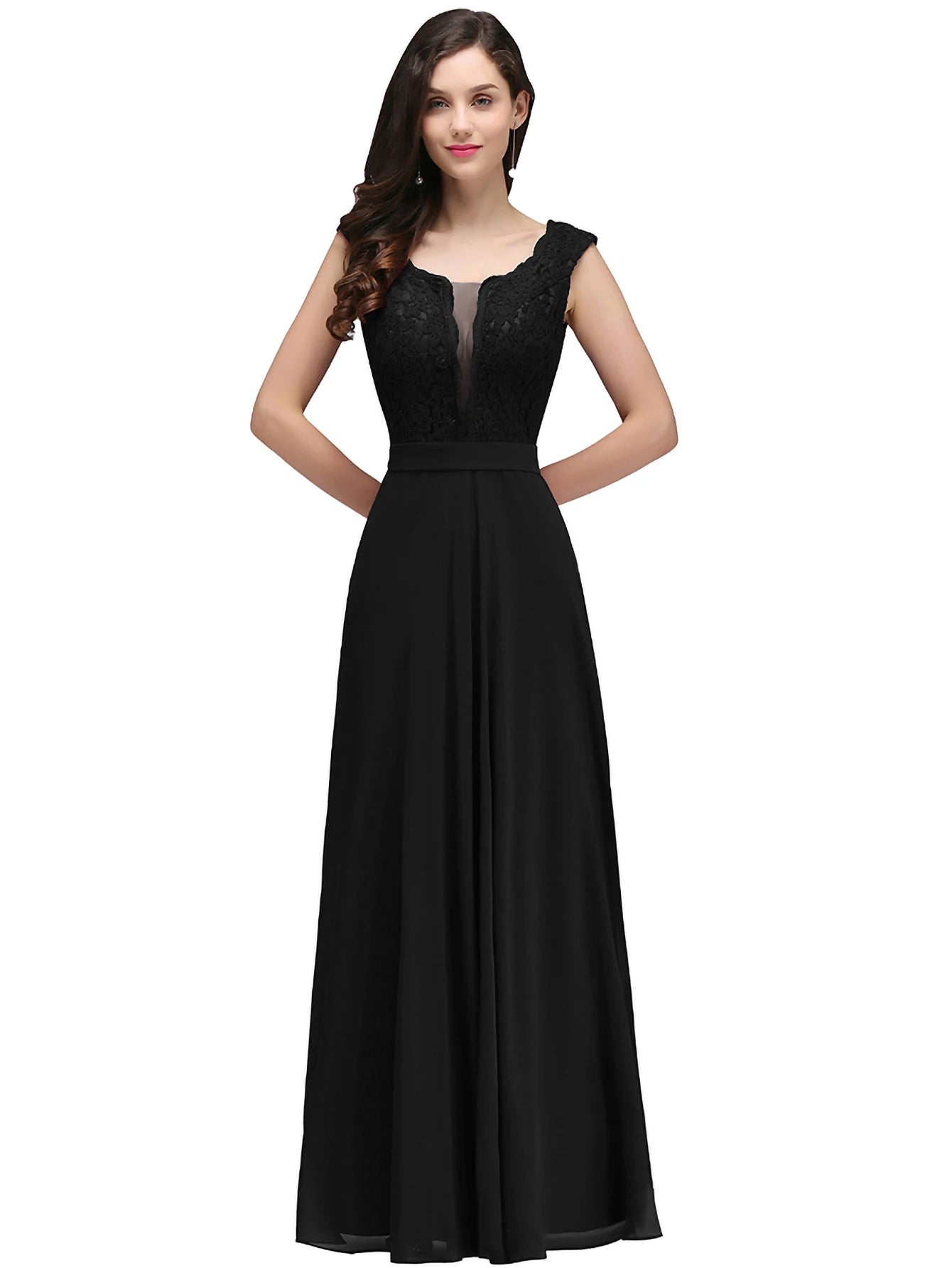 Abito da Sera Lungo Linea A in Pizzo e Chiffon – Collo Tondo, Senza Maniche, Formale
